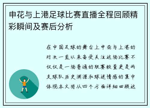 申花与上港足球比赛直播全程回顾精彩瞬间及赛后分析